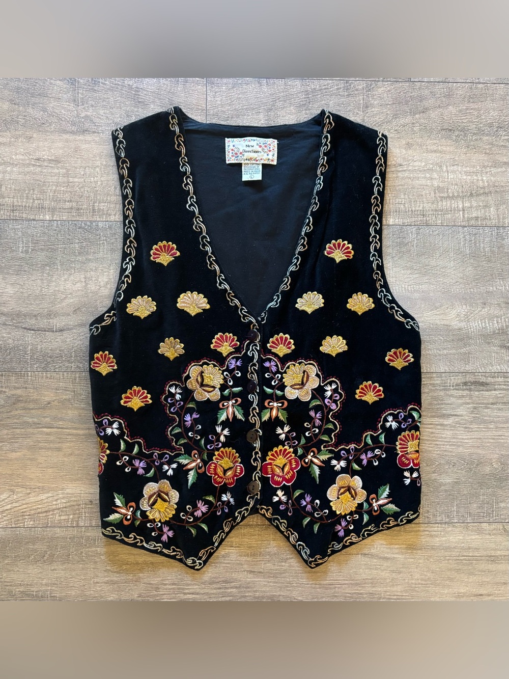 Vintage New Directions women size large black multicolor floral embroidered vest